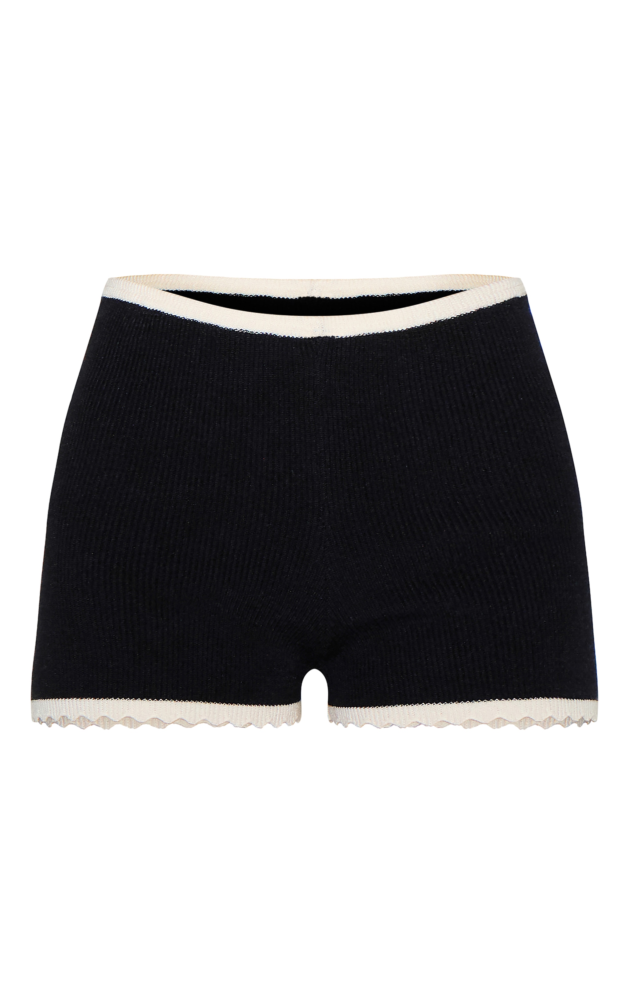 Black Knitted Scallop Edge High Waisted Shorts image 6