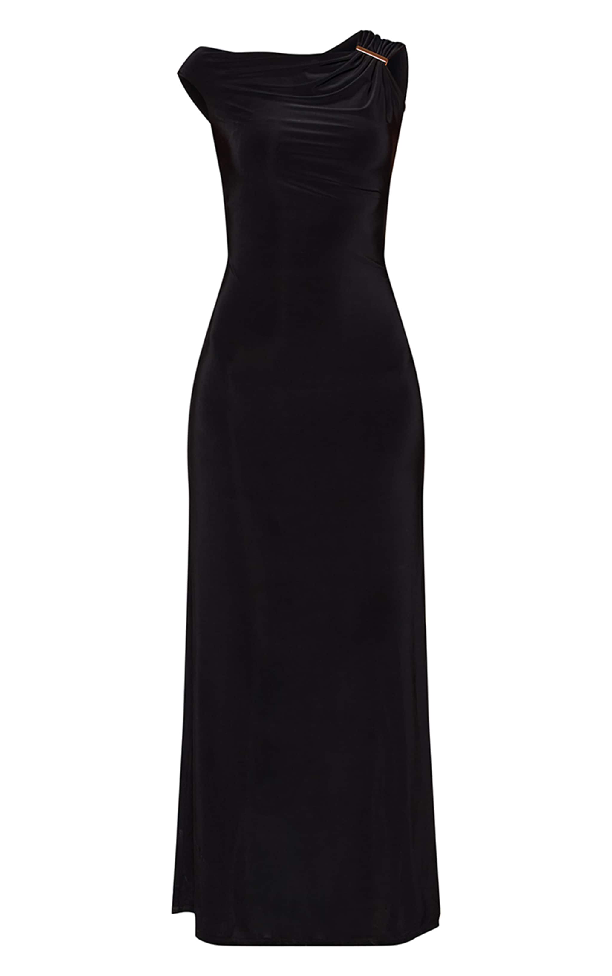 Robe longue moulante noire à épaule unique et empiècement image 5