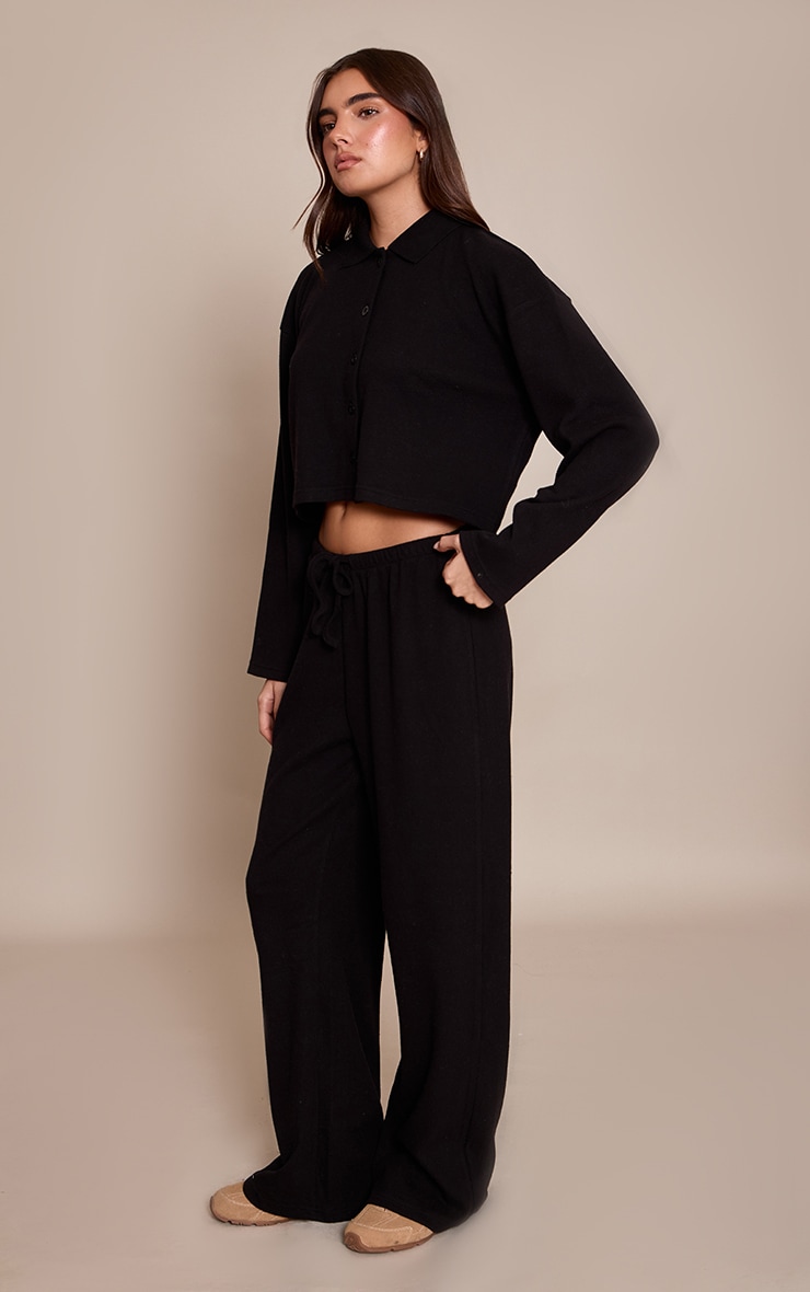 Black Brushed Rib Wide Leg Drawstring Trousers image 2