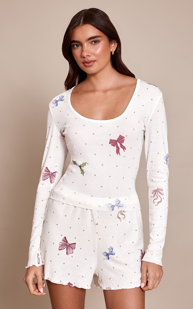 Christmas Bow Fitted Pointelle Long Sleeve Top and Shorts PJ Set