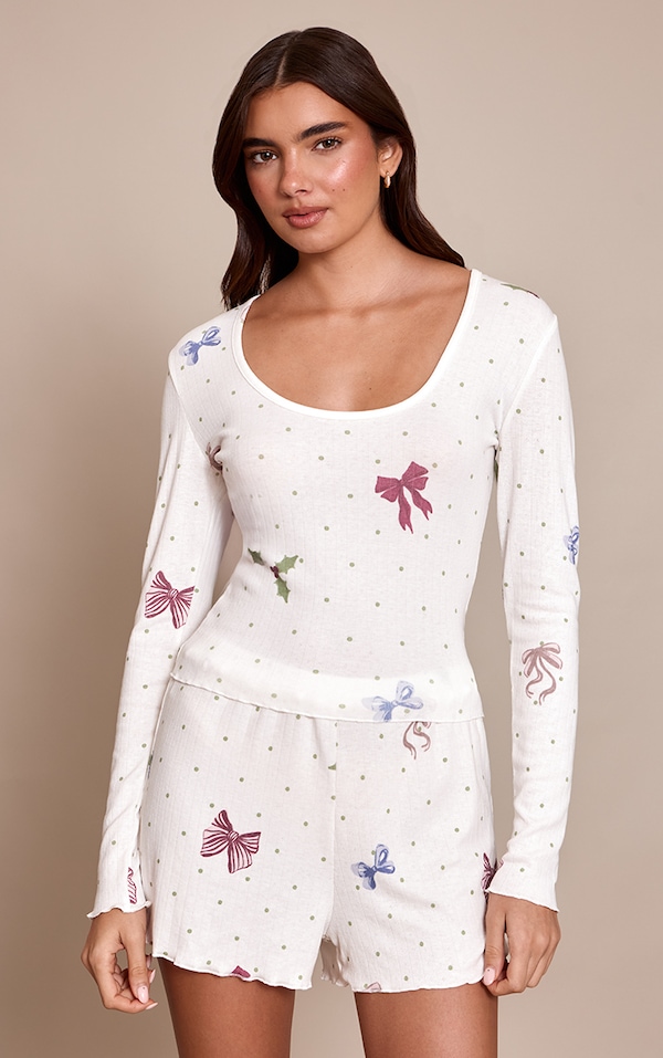 Christmas Bow Fitted Pointelle Long Sleeve Top and Shorts PJ Set
