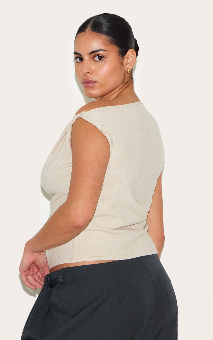Plus Oatmeal Basic Knit Asymmetric Twist Sleeve Vest Top image 2