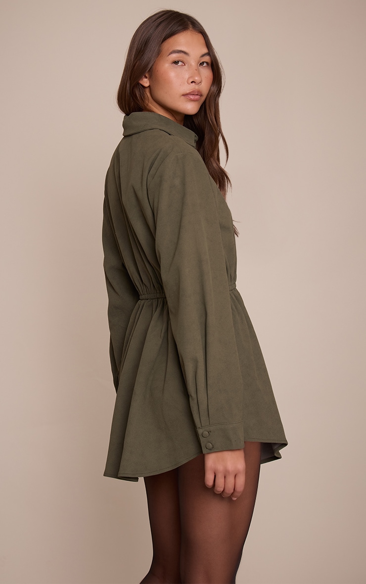 Khaki Faux Suede Button Down Cinched Waist Mini Dress image 2