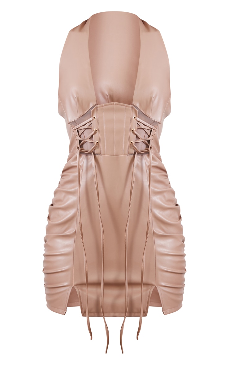 Mauve PU Halter Detail Lace Up Bodycon Dress image 1