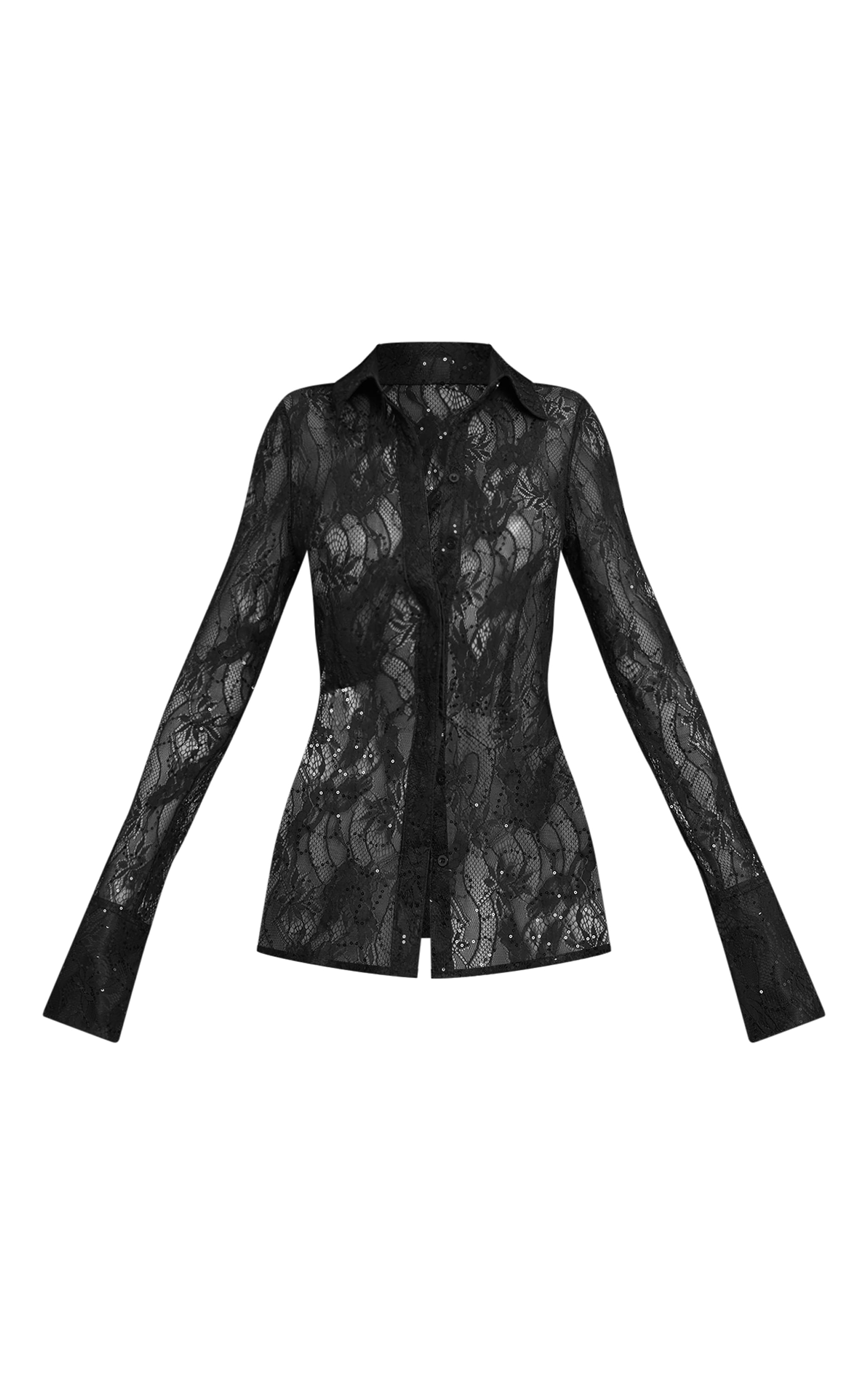 Black Sequin Lace Fitted Shirt image 5
