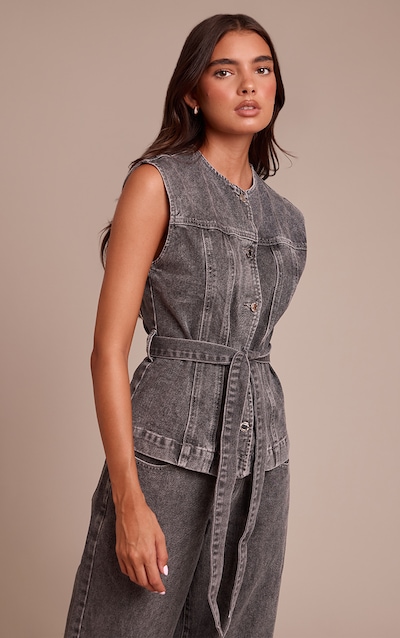 Washed Grey Round Neck Cinch Belted Denim Top