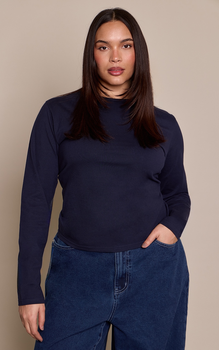 Plus Navy Premium Cotton Long Length Sleeve Fitted T-shirt