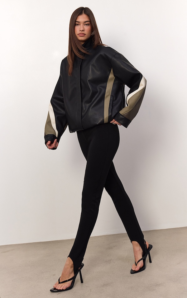 Black Sculpted Rib Stirrup Detail Leggings 