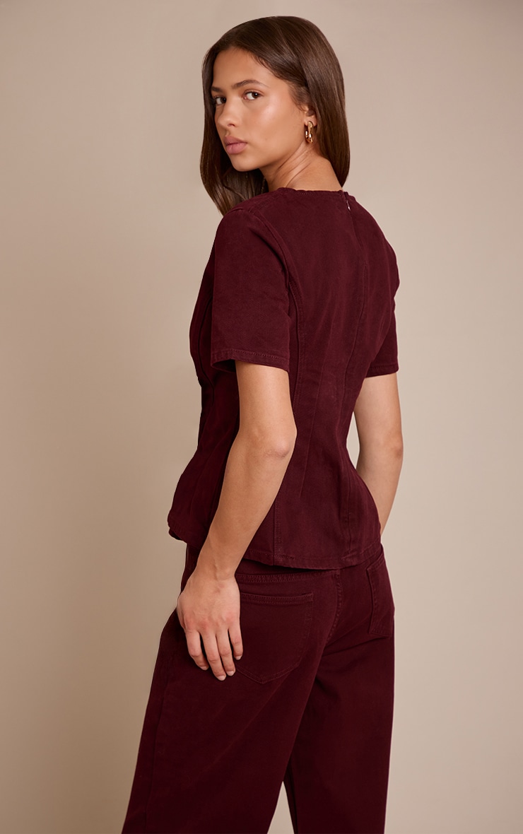 Dark Burgundy Cinched Waist Peplum Denim Top image 2