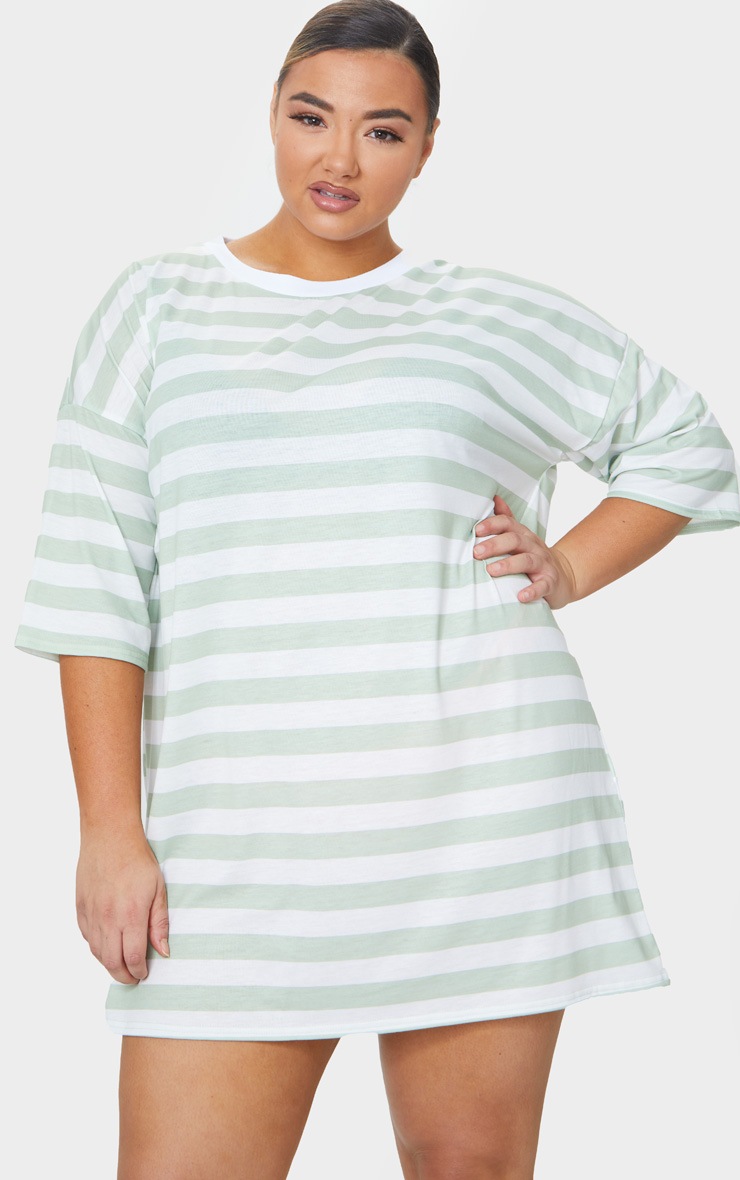 Plus Sage Green Contrast Stripe Oversized Boyfriend T Shirt Dress