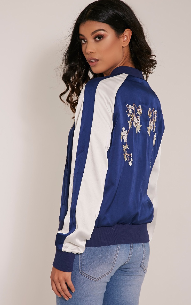 Eshe Navy Satin Embroidered Contrast Bomber Jacket PrettyLittleThing
