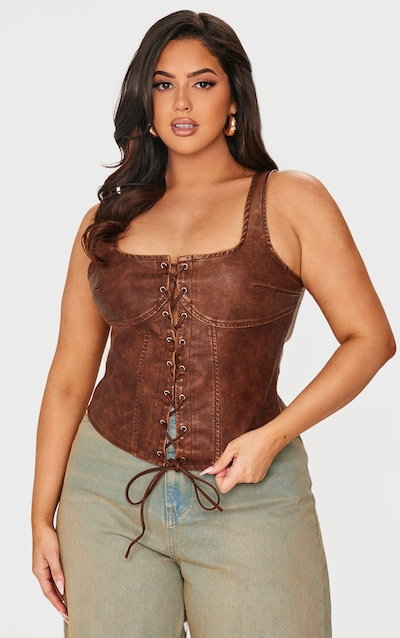 Plus Chocolate Washed Faux Leather Lace Up Corset Top