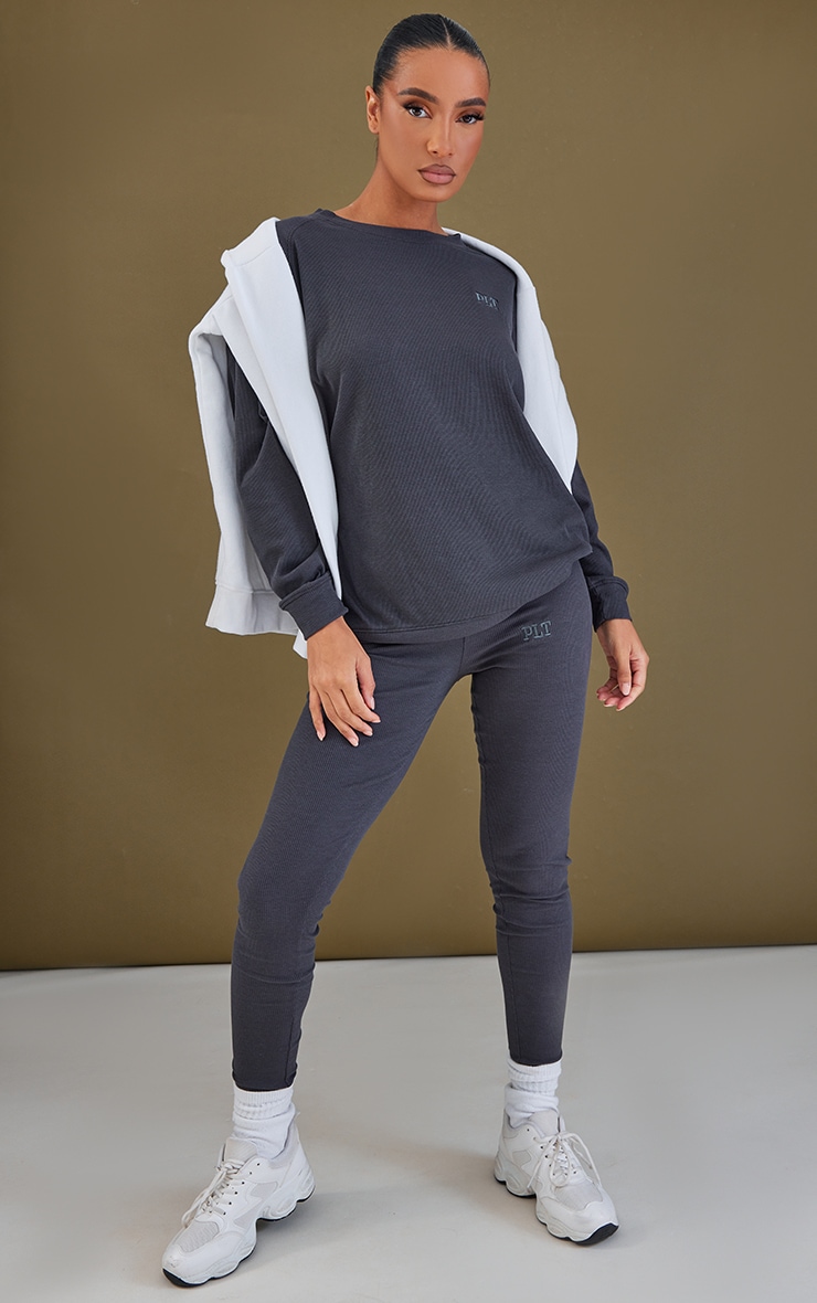 PRETTYLITTLETHING Charcoal Embroidered Ribbed Sweater image 3