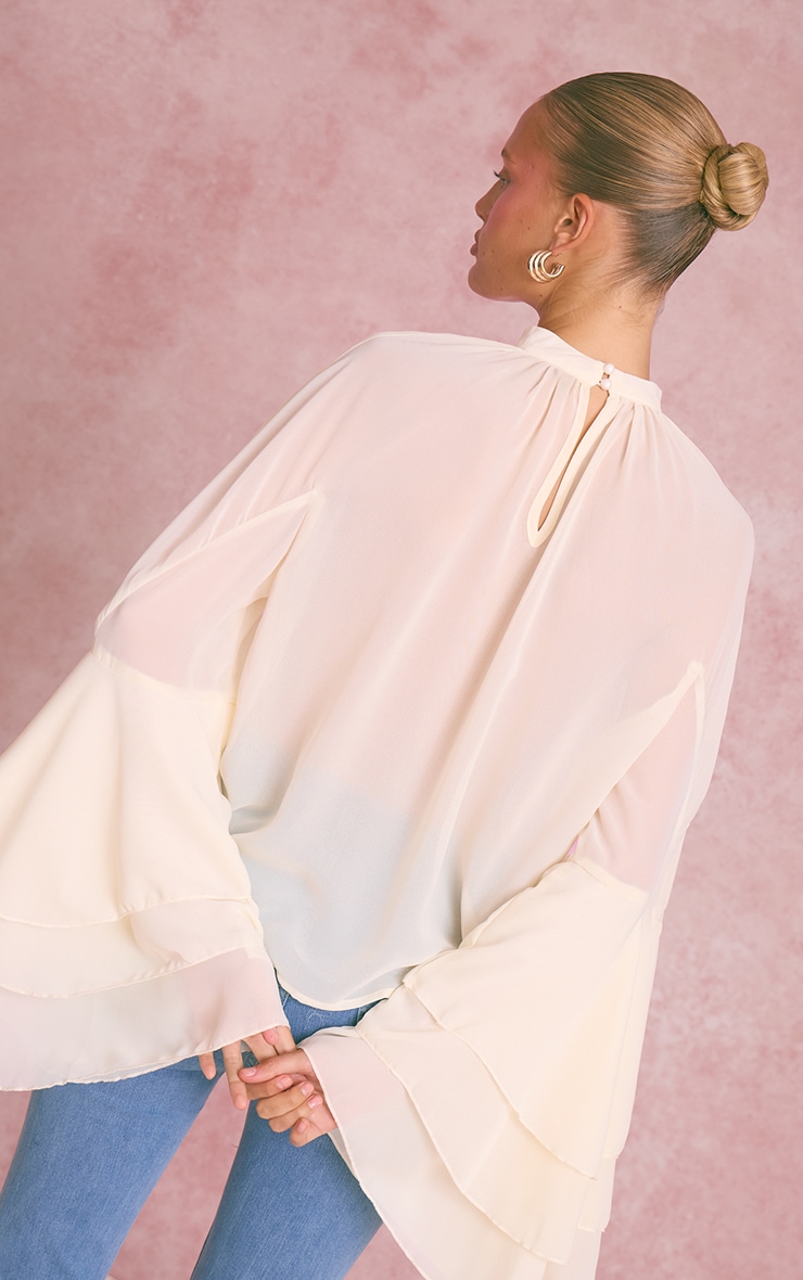 Cream Chiffon High Neck Ruffle Sleeve Detail Blouse image 2