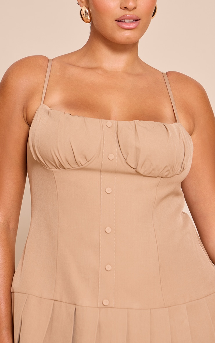 Plus Taupe Woven Button Down Detail Pleated Shift Dress image 4