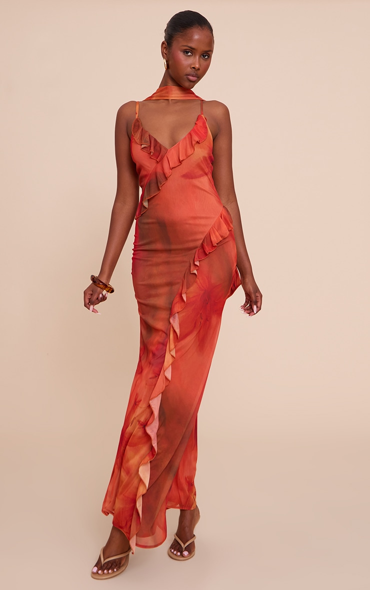 Red Printed Chiffon Frill Details Strappy Maxi Dress image 1