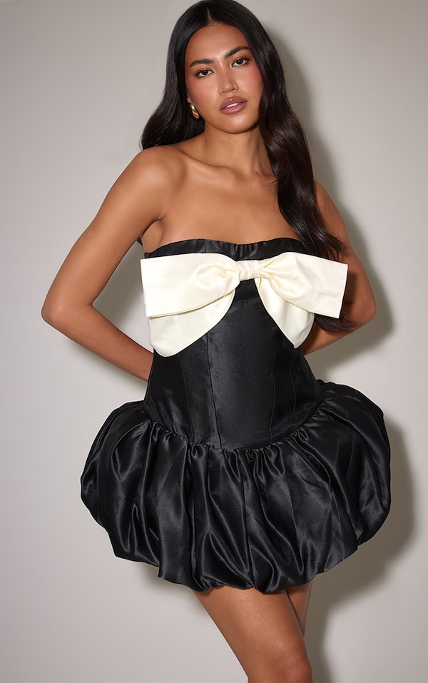 Mini robe bustier bouffante satinée noire à noeud