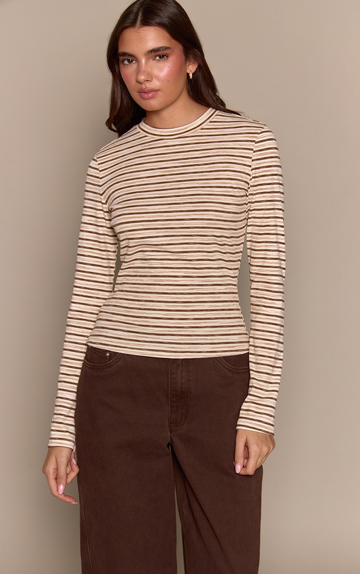 Light Brown Soft Rib Striped Detail Fitted Long Sleeve Top
