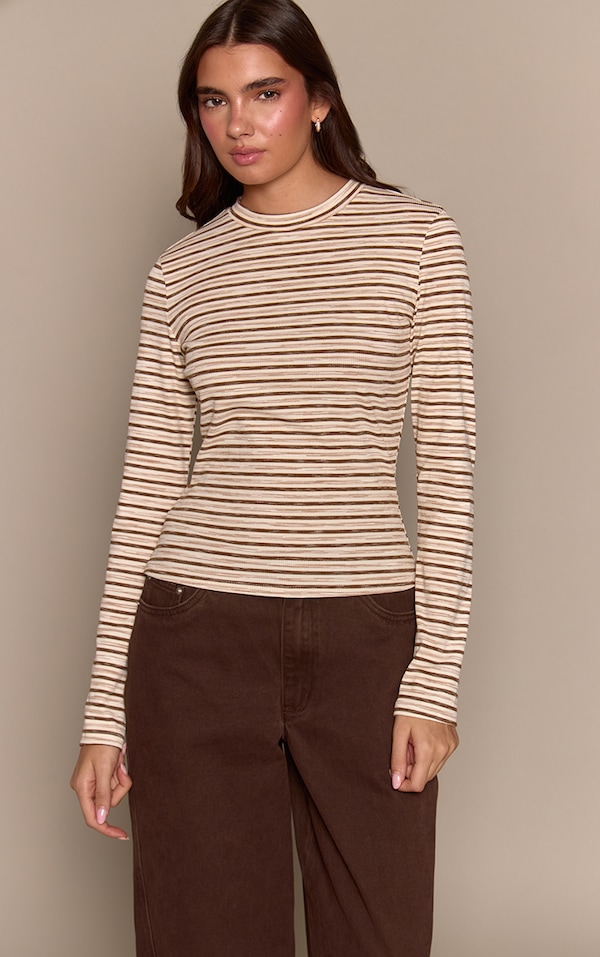 Light Brown  Soft Rib Striped Detail  Fitted Long Sleeve Top 