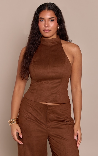 Shape Brown Suede Seam Front High Neck Top