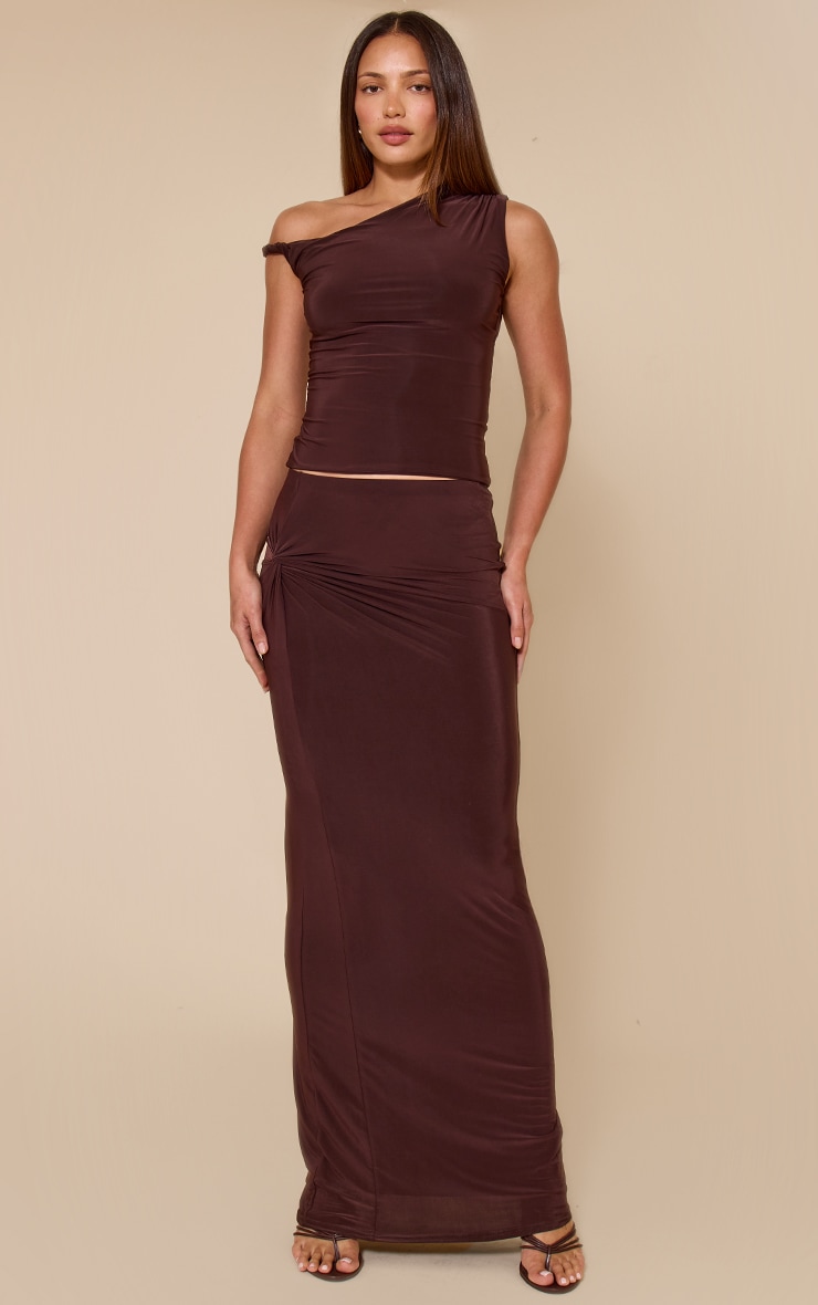 Tall Chocolate Double Layer Slinky Twist Ruched Maxi Skirt image 1