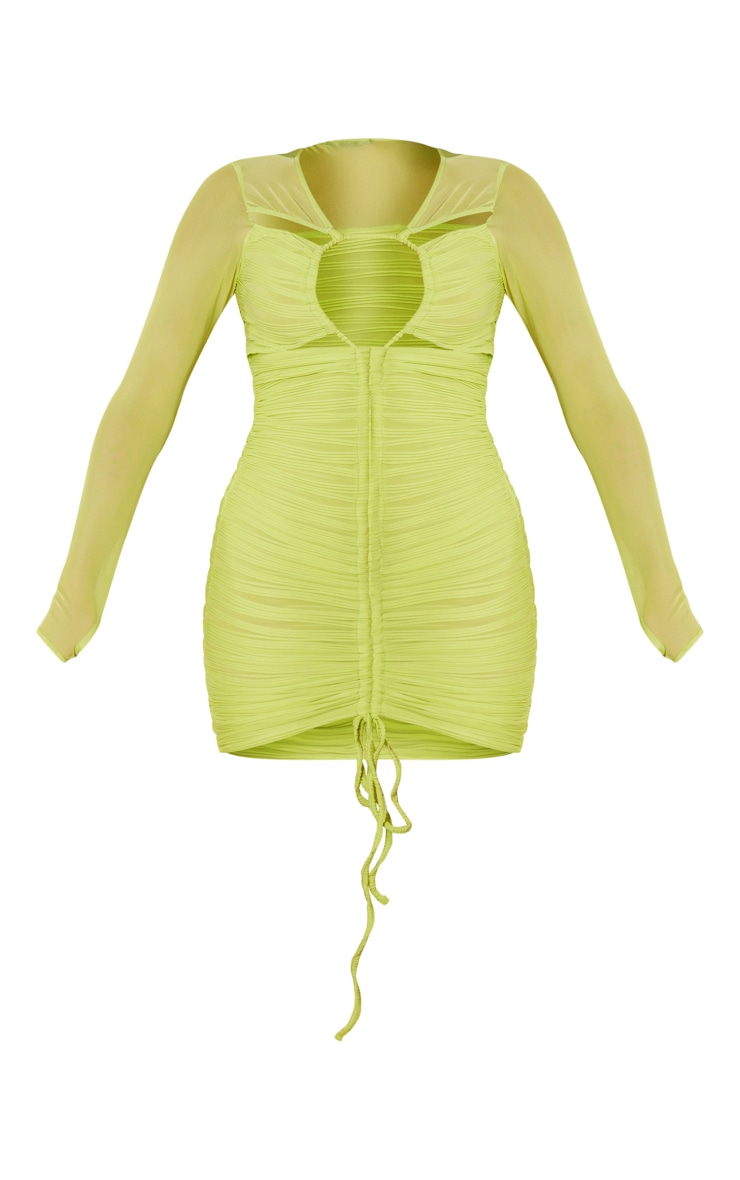 Robe moulante texturée froncée citron vert à manches en mesh et découpes image 5