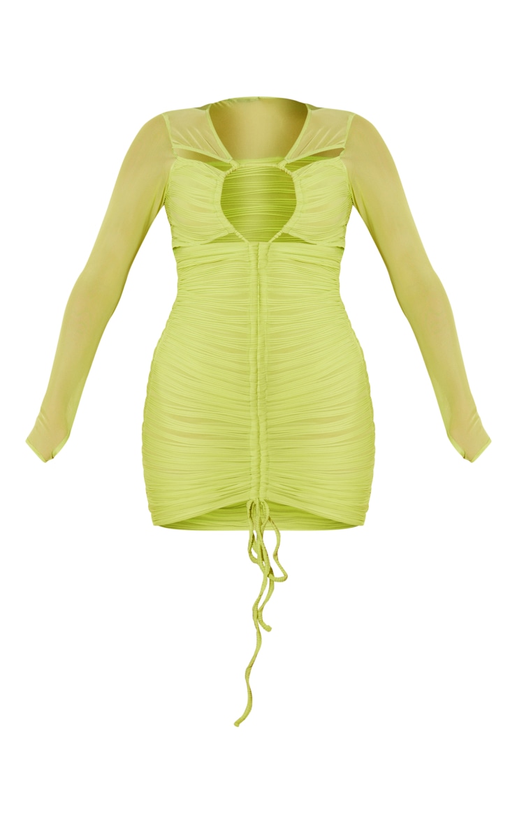 Lime Textured Cut Out Ruched Mesh Sleeve Bodycon Dress image 5