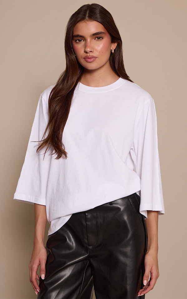 White Cotton Oversized Extreme Sleeve Detail T-Shirt 