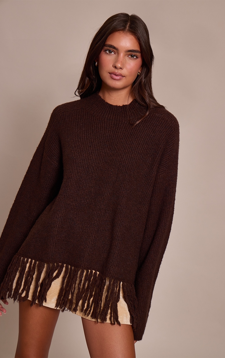 Chocolate Round Neck Fringe Hem Oversized Jumper image 3