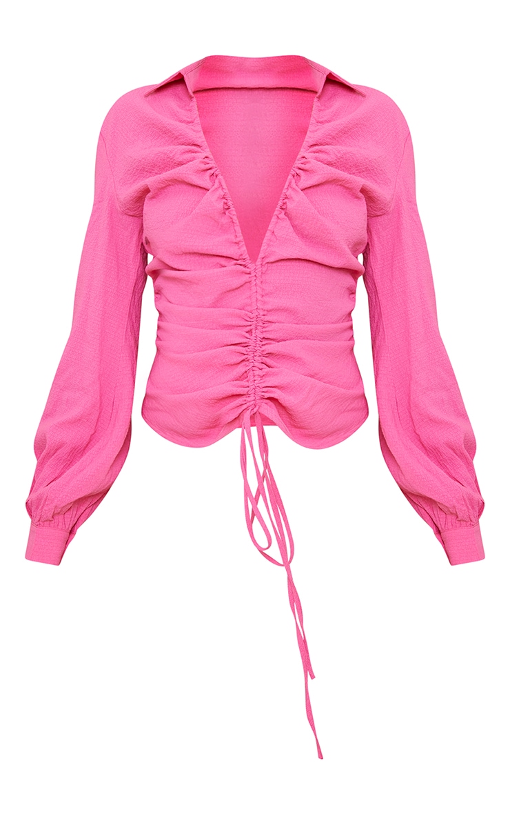 Candy Pink Textured V Neck Ruched Long Sleeve Top image 1