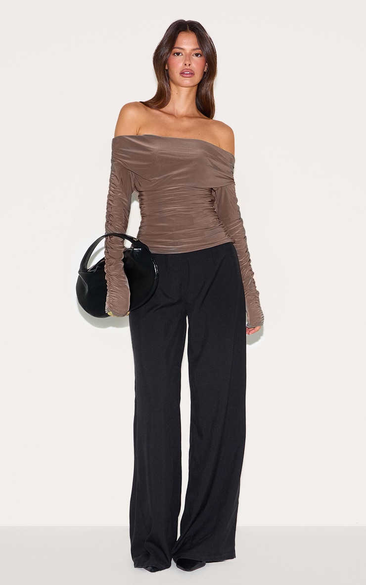 Charcoal Double Layer Slinky Ruched Detail Bardot Long Sleeve Top image 3