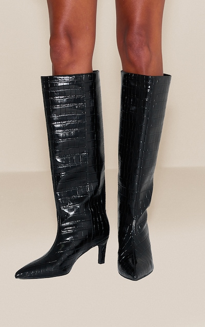 Black Croc Kitten Heel Knee High Boot
