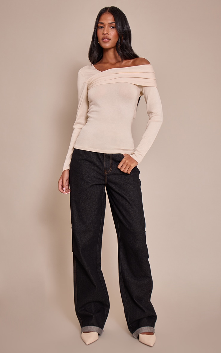 Tall Cream Long Sleeve Asymmetric Shoulder Knitted Top image 3
