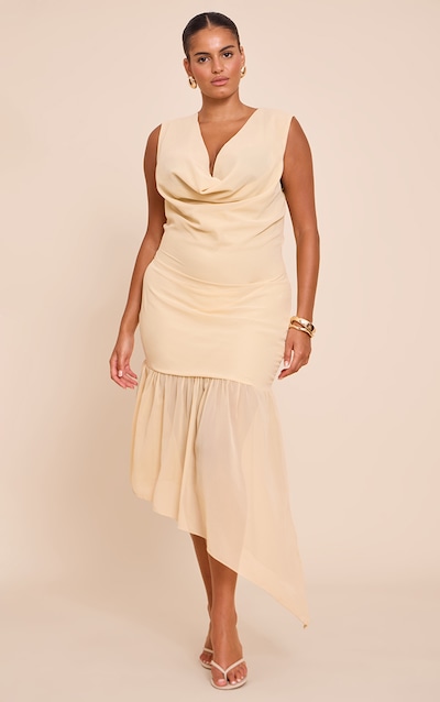 Plus Butter Cream Chiffon Drape Detail Asymmetric Midaxi Dress