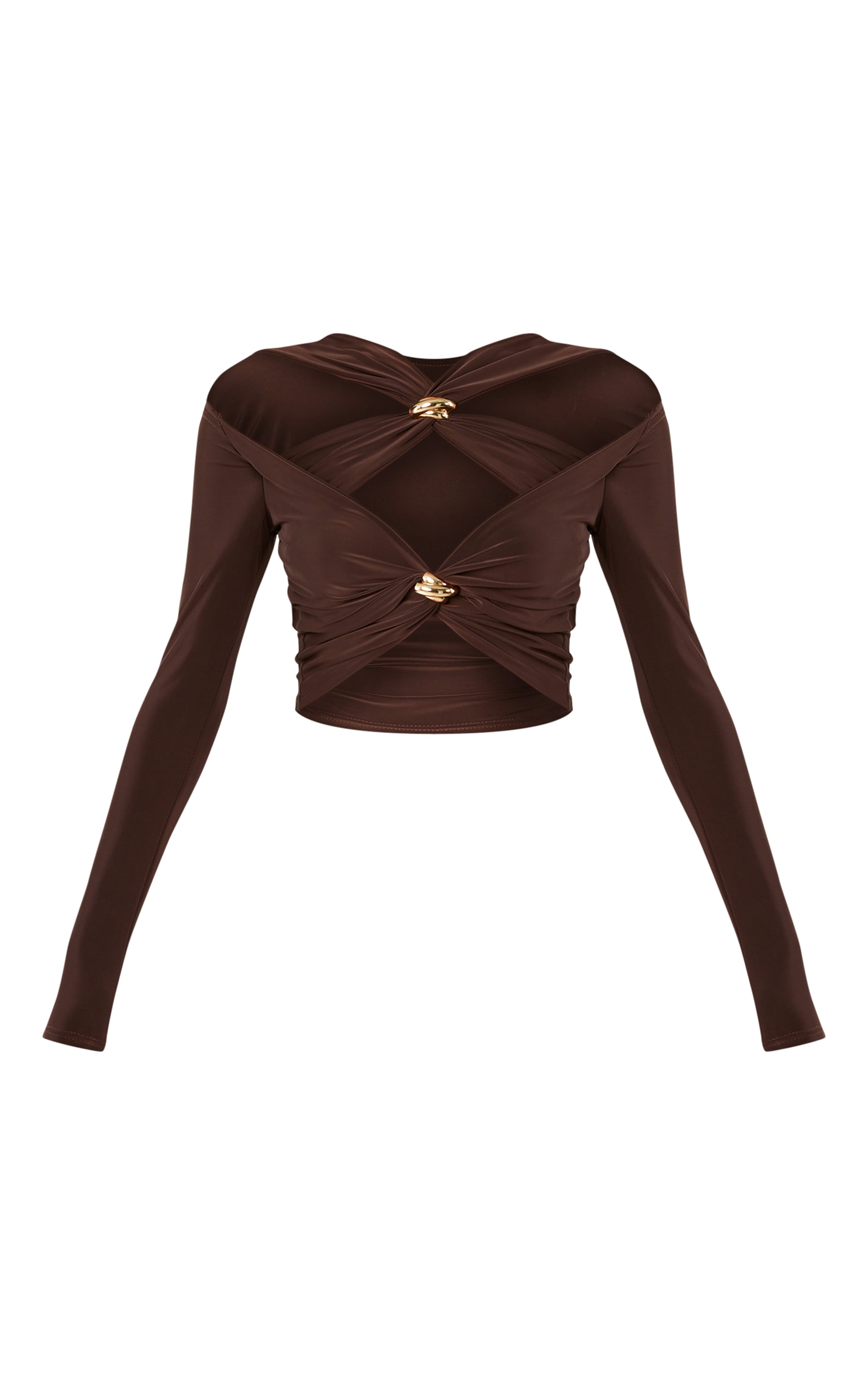Chocolate Slinky Cut Out Long Sleeve Twist Trim Crop Top image 5