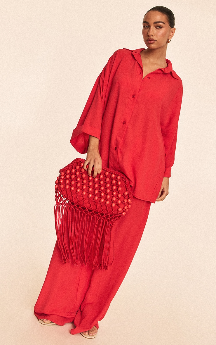 Red Linen Look Oversized Drop Shoulder Beach Shirt image 3