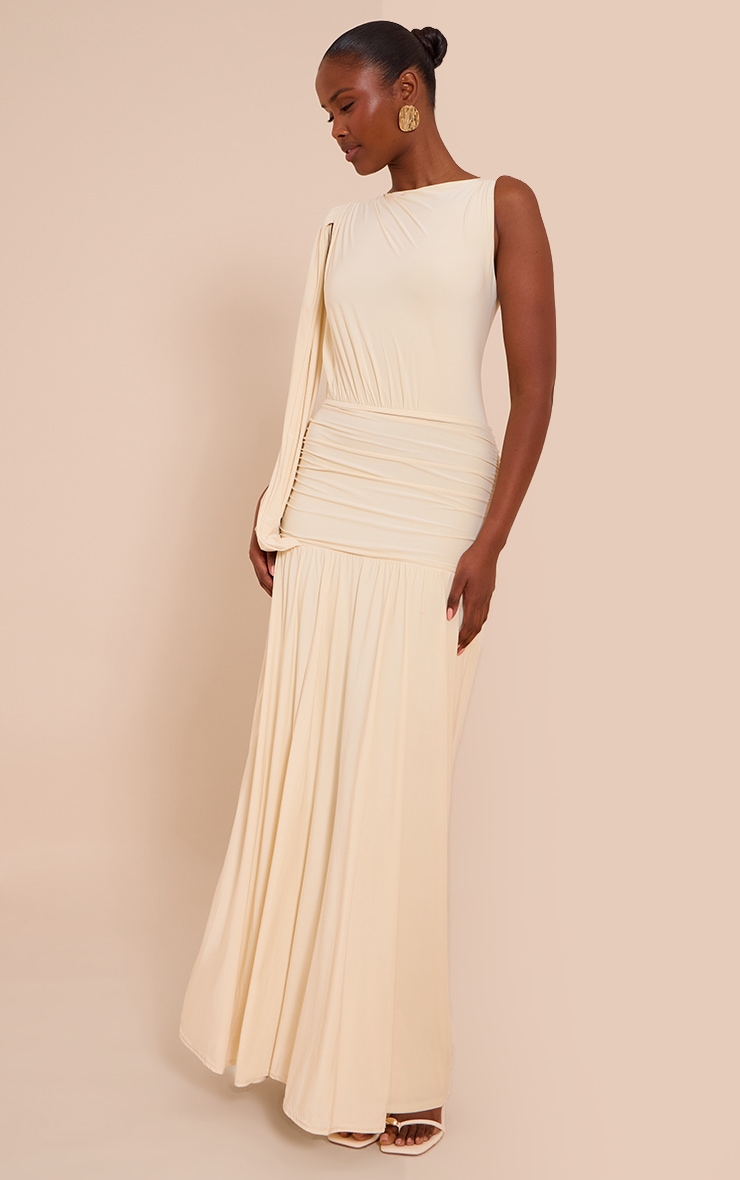 Butter Cream Double Layer Slinky Ruched One Shoulder Maxi Dress image 3
