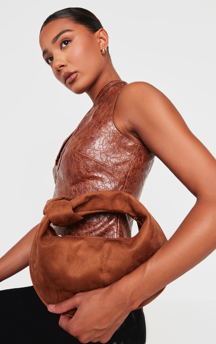 Tan Faux Suede Knot Handle Shoulder Bag image 2