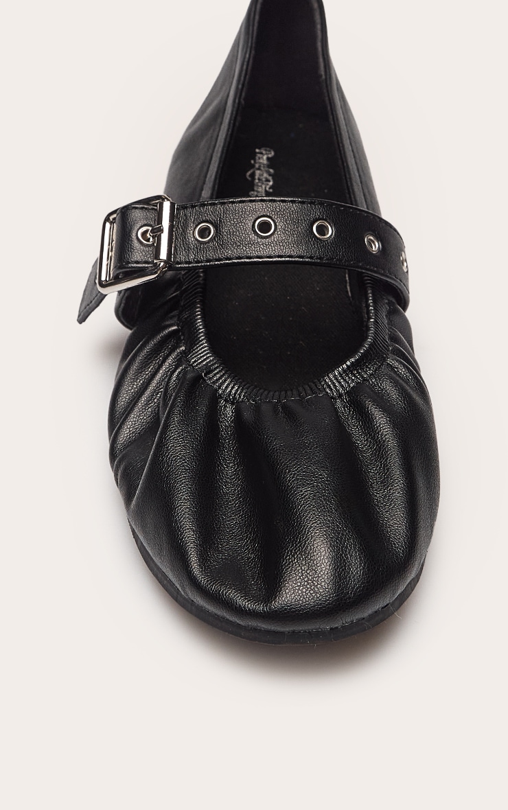 Black PU Ruched Buckle Detail Ballet Flat image 5