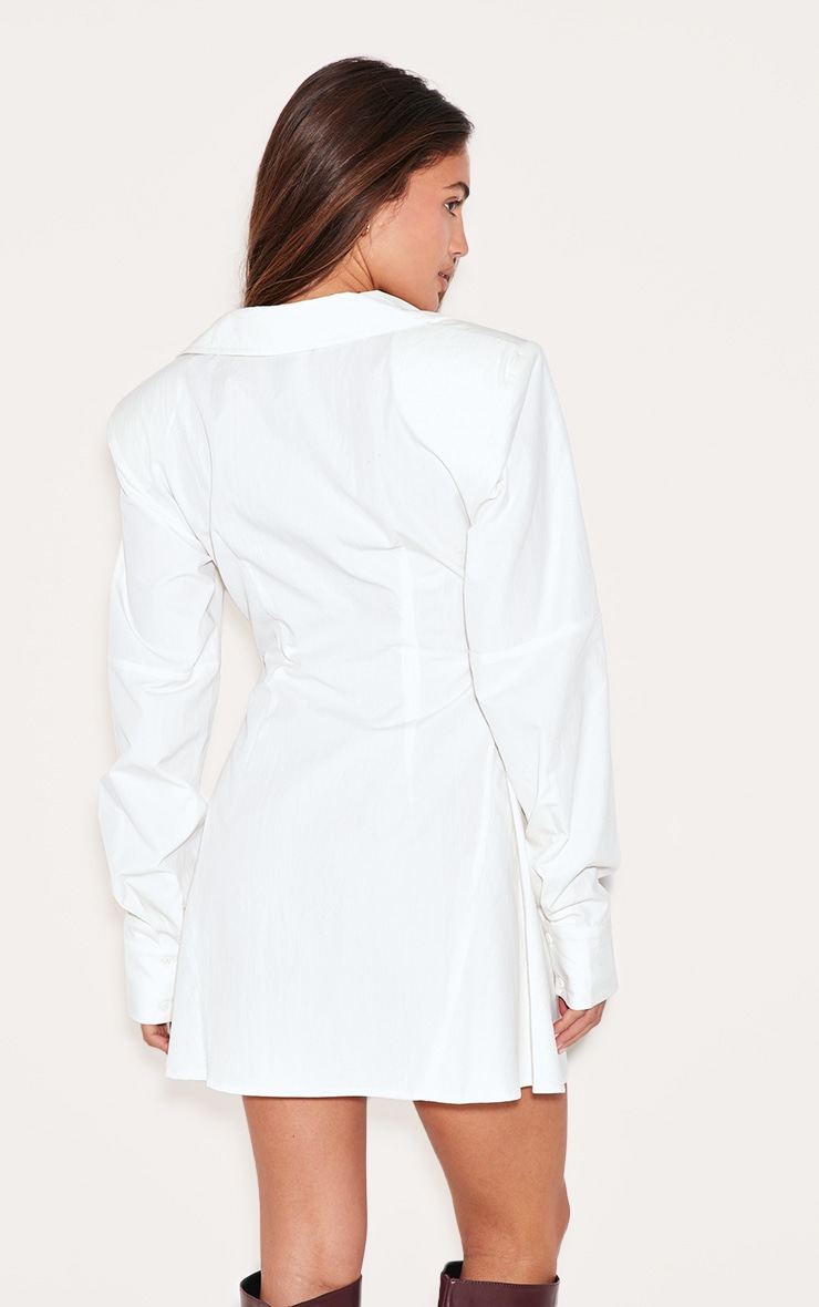 White Structured Ruched Detail Long Sleeve Shirt Dress image 2