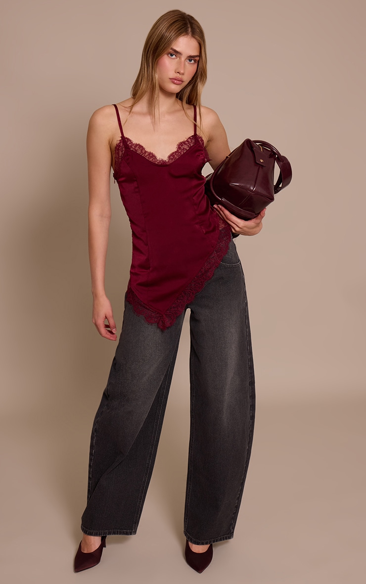 Wine Satin Lace Detail Strappy Asymmetric Cami Top image 3