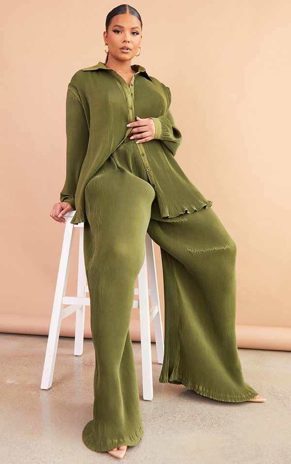 Plus Khaki Plisse Button Front Oversized Shirt | PrettyLittleThing KSA