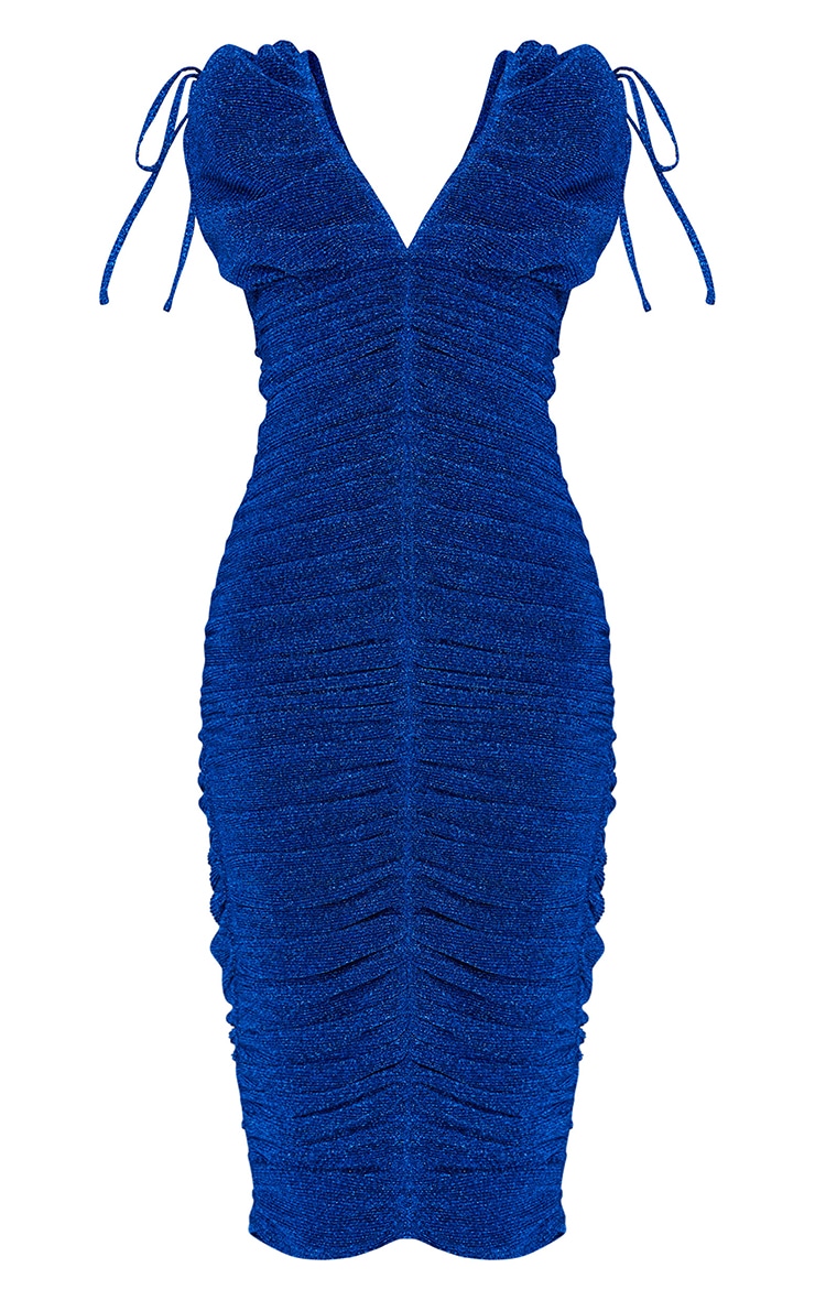 Blue Glitter Plisse Plunge Ruched Midaxi Dress image 5