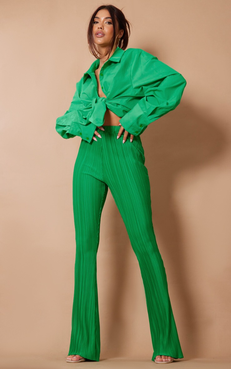 Bright Green Plisse Flared Trousers Bottoms PrettyLittleThing