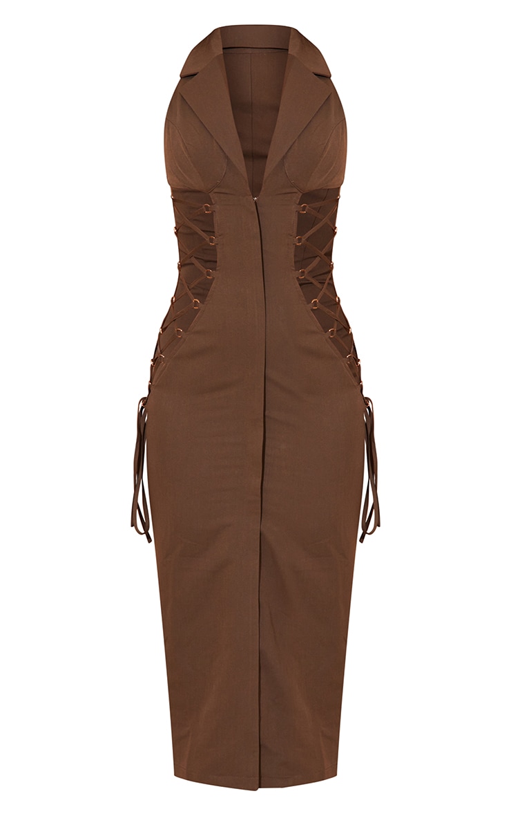 Chocolate Sleeveless Lace Up Blazer Style Midi Dress image 6