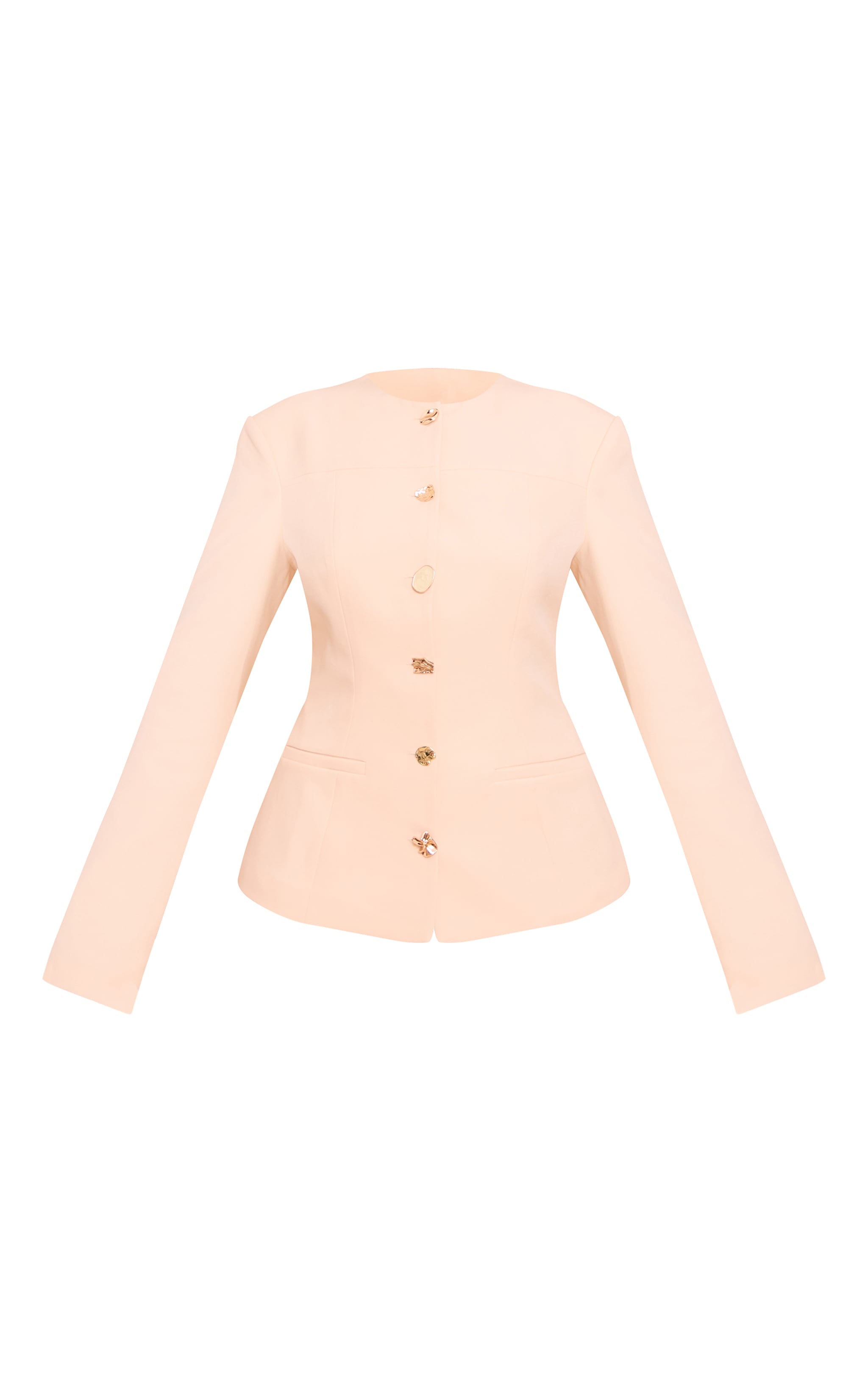 Beige Multi Button Up Round Neck Fitted Jacket image 5