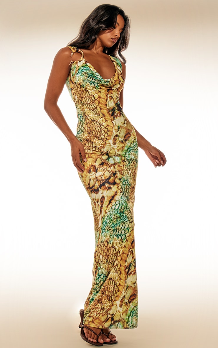 Multi Abstract Snake Print Double Layer Slinky Trim Maxi Dress image 3