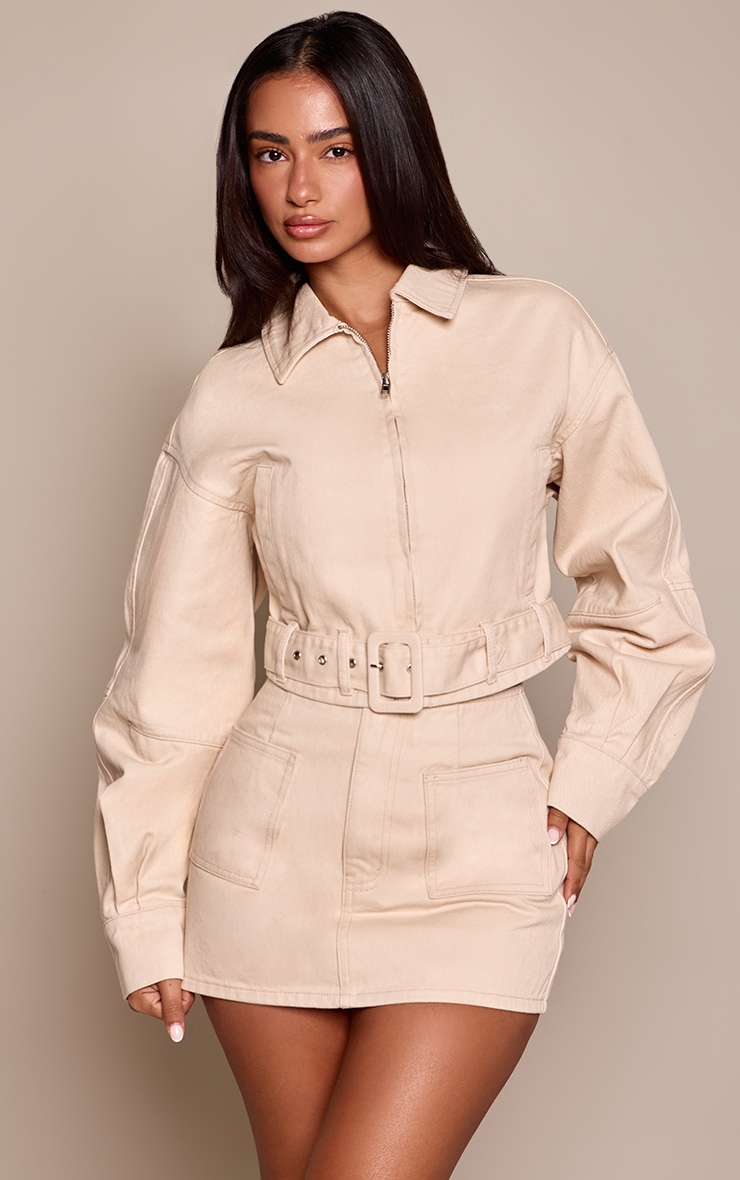 Petite Stone Cropped Buckle Detail Denim Jacket