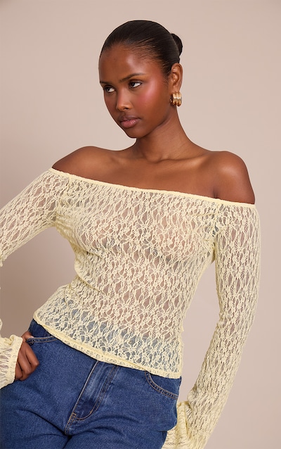 Lemon Textured Sheer Lace Bardot Flared Long Sleeve Top