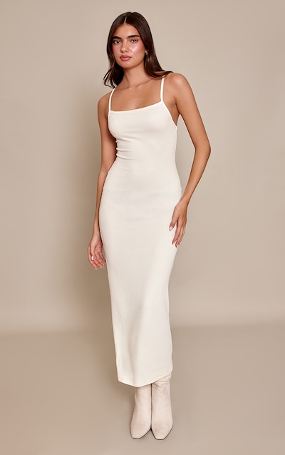 Robe longue douce côtelée crème à bretelles fines